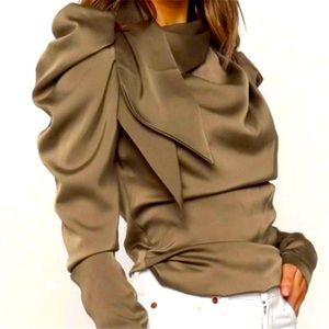 Satin Puff Longsleeve Blouse Tie Neck Zipper Back